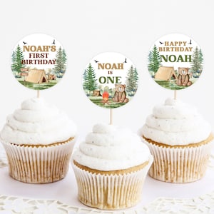 Printable Cupcake Toppers, Cake Decor | One Happy Camper, Tent, Woodland, Bear | Boys First Birthday Party Decor, Custom Cupcake Toppers OHT