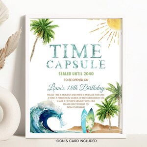 Verjaardag tijdcapsule teken, kaart | De Big ONE, Surf Wave Beach Surfplank | Afdrukbare jongens 1e verjaardag feestdecor, activiteiten bewerkbare TBO