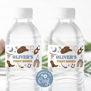 Editable Water Bottle Labels | My First Rodeo, Cowboy Hat, Wild West | Printable Boy 1st Birthday Decor, Personalized Party Bottle Label MFB