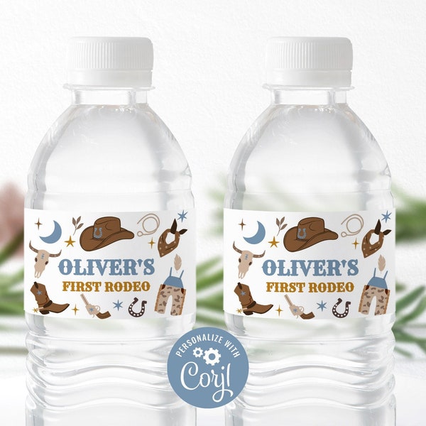Editable Water Bottle Labels | My First Rodeo, Cowboy Hat, Wild West | Printable Boy 1st Birthday Decor, Personalized Party Bottle Label MFB
