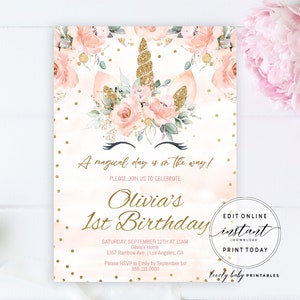 Unicorn Birthday Invitation, Girl 1st Birthday Invite | Blush Floral Gold Glitter | Editable Printable Baby Girl First Birthday Party Invite