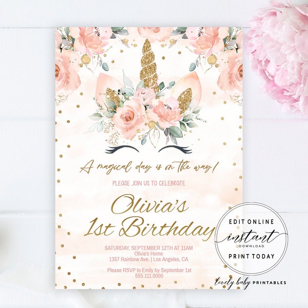 Unicorn verjaardagsuitnodiging, meisje 1e verjaardag uitnodigen | Blozen bloemen goud glitter | Bewerkbare afdrukbare Baby Girl eerste verjaardagsfeestje uitnodigen