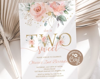 Second Birthday Invitation Template, Girls 2nd Birthday Invite | TWO Sweet, Blush Pink Floral Gold | Printable 2nd Birthday Party Invitation
