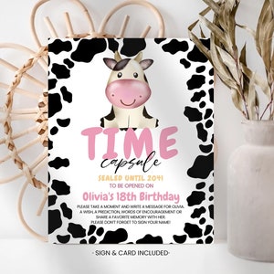 Verjaardag tijdcapsule teken, kaart | Heilige koe, ik ben één, koe print | Afdrukbare meisjes 1e verjaardag partij decoratie ideeën aandenkens, bewerkbare HCW