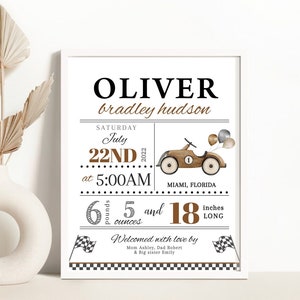 Signo de estadísticas de nacimiento editable, cartel de anuncio de nacimiento de niño / coche de carreras retro, rápido, coche de carreras / decoraciones de arte de pared de guardería imprimibles RC3
