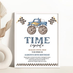Time Capsule Geburtstagskarte | Monstertruck, starten Sie Ihren Motor | Druckbare Jungen ersten Geburtstag Party Dekorationen, Ideen, Andenken Mountainbike