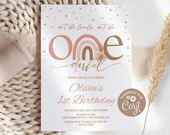 Rainbow Birthday Invitation Template, Boho 1st Birthday Party Invite for Girls | Printable, Editable (Instant Download) MBR