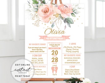Editable Birthday Milestone Board Template Printable Milestone Board Baby Milestone Poster Blush Pink Floral 1st Birthday Milestone Sign NW1