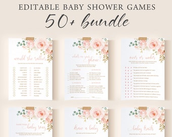 Bearbeitbare Baby-Dusche-Spiele-Bundle druckbare Baby-Dusche-Zeichen Blush Pink Floral Baby-Dusche-Party-Dekor-Ideen-Aktivitäten-Vorlagen-Set DIYBL2