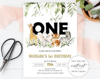 WIld ONE Birthday Invitation, Birthday Invite | Wild ONE, Jungle, Safari Animals | Printable First Birthday Party Invite, Editable Template