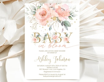 Blush Pink Floral Baby In Bloom Invitation Editable Spring Baby Shower Invite Template Printable Girl Baby Shower Party Invite Digital