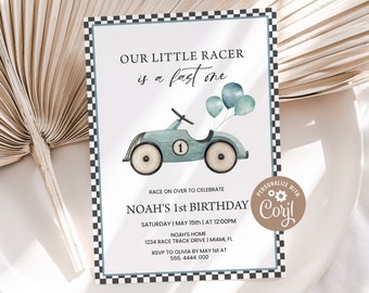 Race Car First Birthday Invitation Boys Fast One 1st Birthday Party Invite Vintage Racing Car Printable Digital Evite DIY Editable Template