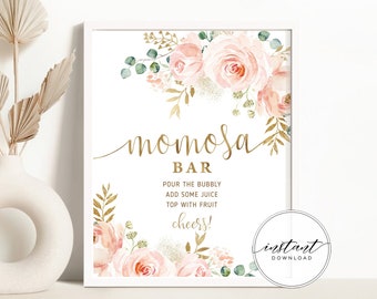 Momosa Bar Sign, Baby Shower Mimosa Sign | Blush Pink Floral, Gold | Printable Baby Girl Shower Party Decorations, Ideas, Activities DIYBL2