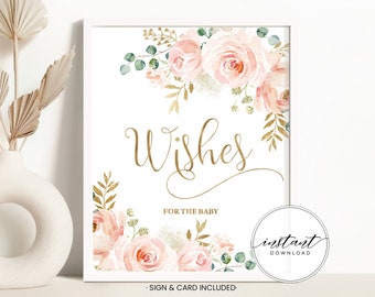 Wishes For The Baby Sign, Card | Blush Pink Floral, Gold, Spring | Printable Baby Girl Shower Party Decorations, Ideas, Activities DIYBL2