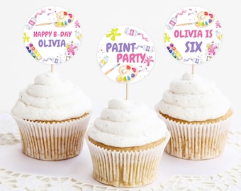 Paint Party Birthday Cupcake Toppers, Art Party Cake Picks, Editable Template PT1