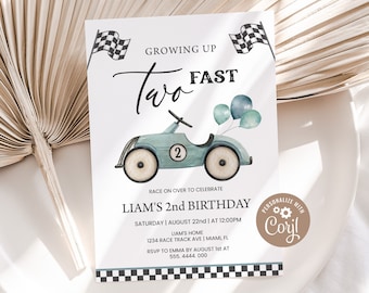 TWO Fast Birthday Invite Editable Race Car 2nd Birthday Invitation Template Blue Racing Car Boys Second Birthday Party Printable Digital
