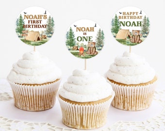 Printable Cupcake Toppers, Cake Decor | One Happy Camper, Tent, Woodland, Bear | Boys First Birthday Party Decor, Custom Cupcake Toppers OHT