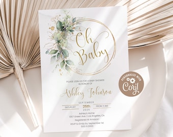 Greenery Baby Shower Invitation Template Printable Baby Shower Invite Gender Neutral Green and Gold Baby Shower Editable Boho Floral Oh Baby