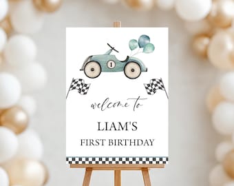 Race Car Birthday Welcome Sign Printable Welcome Poster Baby Boy 1st Birthday Party Decor Fast One First Birthday Ideas Editable Instant RC1
