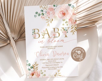 Blush Floral Baby In Bloom Invitation Printable Spring Baby Shower Invite Girl Baby Shower Party Invite Editable Digital Download Pink Gold