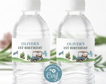 Etiquetas de botellas de agua editables / Hoyo en uno, carrito de golf, camiseta de par de golf / decoración de fiesta de 1er cumpleaños para niños imprimibles, etiquetas personalizadas HIO