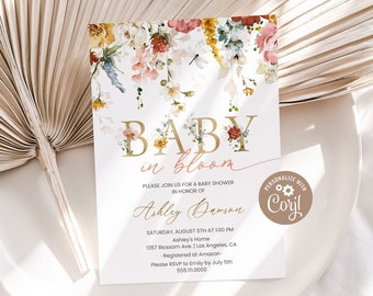 Editable Baby in Bloom Baby Shower Invitation Template Spring Flowers Baby Shower Invite Wildflower Baby Shower Party Invitation Printable