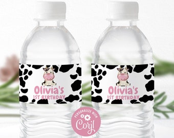 Editable Water Bottle Labels | Holy Cow I'm ONE, Cow Print | Printable Girls 1st Birthday Decor Ideas, Personalized Party Bottle Labels HCW