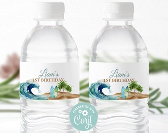 Editable Water Bottle Labels | The Big ONE, Surf Wave, Beach, Surfboard | Printable Boys 1st Birthday Decor Ideas, Custom Party Labels TBO