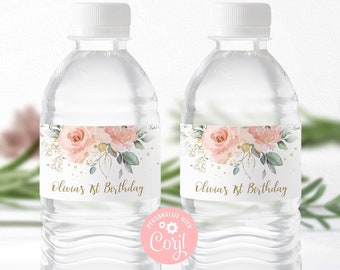 Etiquetas para botellas de agua imprimibles Plantilla de etiqueta para botella de agua editable floral rosa rubor Decoración para fiesta de cumpleaños DIY Ideas para baby shower NW1