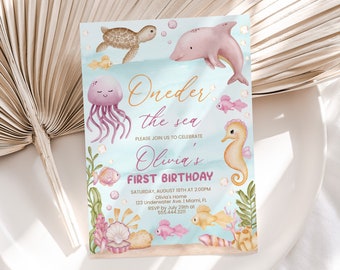 Under The Sea Birthday Invitation, Girls 1st Birthday Invite | ONEder The Sea, Ocean / Sea Animals | Printable First Birthday Party Invite
