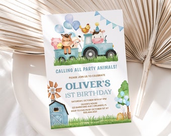 Farm Birthday Invitation, Boys 1st Birthday Invite | Barn Animals, Barnyard, Ranch | Printable First Birthday Party Invitation Template FA2