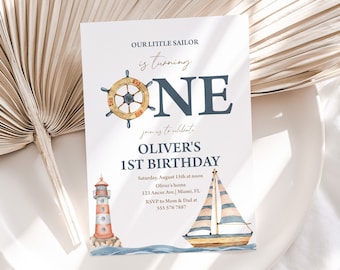 Nautical Birthday Invitation, First Birthday Invite | Sailboat, Our Little Sailor Lighthouse | Printable Boy 1st Birthday Party Template NAU