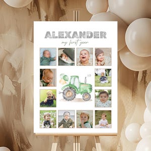 Photo Milestone Sign, 12 Months Poster, Year In Photos | Green Tractor, Start Your Tractor, Farm Vehicles | Boy 1st Birthday Party Decor TT1
