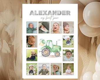 May include: A personalized baby milestone poster featuring the name "ALEXANDER" in silver glitter text. The poster includes a watercolor illustration of a green tractor and nine photo slots showcasing baby photos. The words "my first year" are also included.