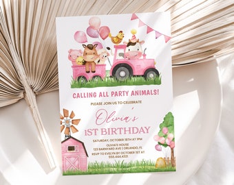 Farm Birthday Invitation, Girls 1st Birthday Invite | Farm Animals, Barnyard, Ranch | Printable First Birthday Party Invitation Template FA1
