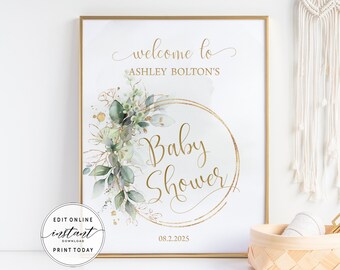 Greenery Baby Shower Welcome Sign Printable Welcome Poster | Gender Neutral Baby Shower Party Decoration | Printable Editable Template DIYA1