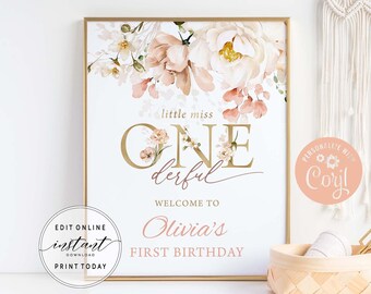 Letrero de bienvenida floral ruborizado para cumpleaños, decoración para fiesta de primer cumpleaños de niña / Plantilla imprimible y editable (descarga instantánea) DIYBF
