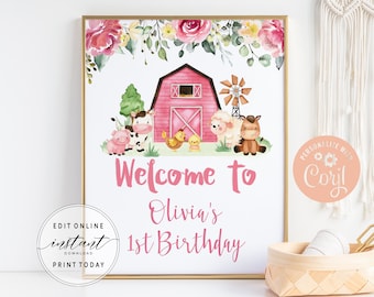 Birthday Welcome Sign, Poster | Farm Animals, Barnyard, Ranch | Printable First Birthday Party Decorations Ideas, Editable Template DIYFA