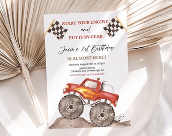 Monster Truck Birthday Invitation, First Birthday Invite | Monster Truck, Start Your Engine | Printable Boys 1st Birthday Party Template MTR