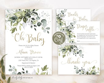 Editable Oh Baby Invitation Template Greenery Botanical Baby Shower Digital Invite Printable Baby Shower Gender Neutral Party Invitation Set