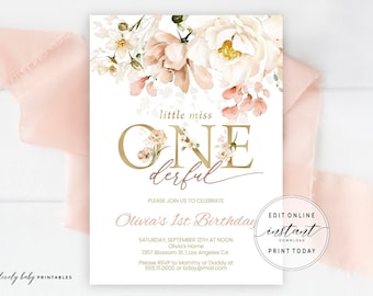 Invitación de cumpleaños floral ruborizada imprimible, invitación de primer cumpleaños, plantilla editable de primer cumpleaños floral bohemio, pequeña señorita Onederful Baby Girl