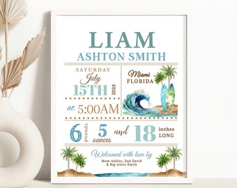 Editable Birth Stats Sign, Boy Birth Announcement Poster | The Big ONE Surf Wave Beach Surfboard | Printable Nursery Wall Art Decoration TBO