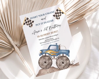 Monster Truck Birthday Invitation, First Birthday Invite | Monster Truck, Start Your Engine | Printable Boys 1st Birthday Party Template MTB