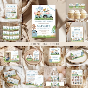 Könnte beinhalten: Eine Sammlung von Partyzubehör für einen ersten Geburtstag mit einem Bauernhofthema. Enthält Einladungen, Cupcake-Topper, Dankeskarten und ein Banner. Das Farbschema ist blau, grün und weiß, mit Illustrationen eines Traktors und von Hoftieren.