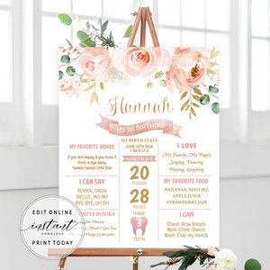 Modèle de tableau d'étape floral rose blush modifiable bébé 1er anniversaire signe d'étape floral anniversaire souvenir affiche d'étape DIYBLG DIYBL2