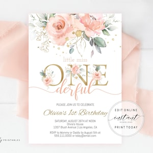 Editable Birthday Invitation Template First Birthday Invitation Printable Blush Pink Floral 1st Birthday Baby Girl Birthday Drive By Parade