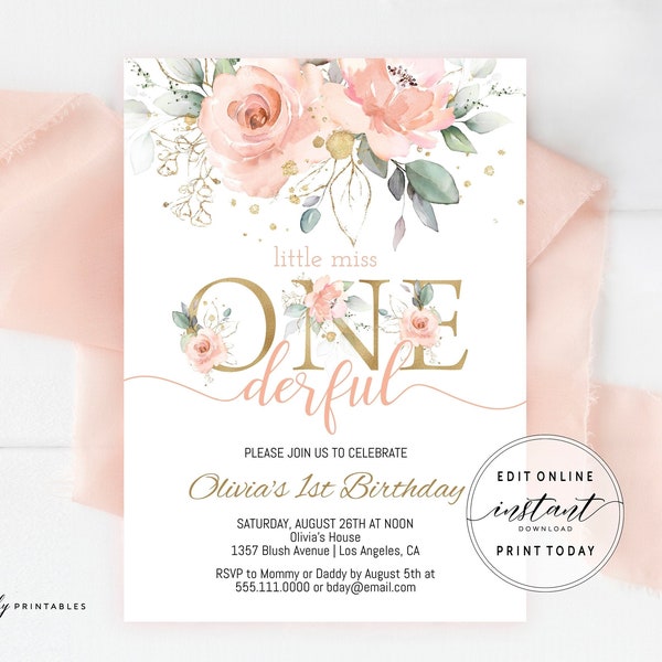 Editable Birthday Invitation Template First Birthday Invitation Printable Blush Pink Floral 1st Birthday Baby Girl Birthday Drive By Parade