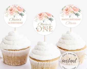 Editable Cupcake Toppers Template Printable Cupcake Toppers Blush Pink Floral Birthday / Baby Shower Decorations Ideas Instant Download NW1