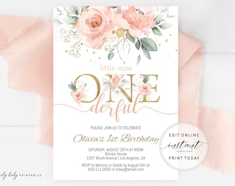 Editable Birthday Invitation Template First Birthday Invitation Printable Blush Pink Floral 1st Birthday Baby Girl Birthday Drive By Parade
