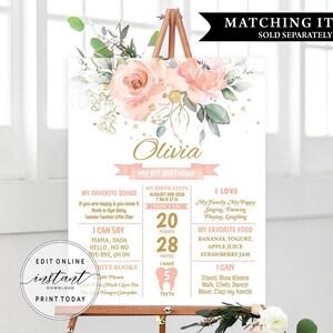 Pu&ograve; includere: Un poster rosa e oro per il primo compleanno con illustrazioni floreali. Il poster include il nome Olivia, le statistiche di nascita del bambino, le canzoni preferite, i cibi e le cose che pu&ograve; fare. Il poster &egrave; decorato con fiori rosa, glitter dorati e foglie verdi.